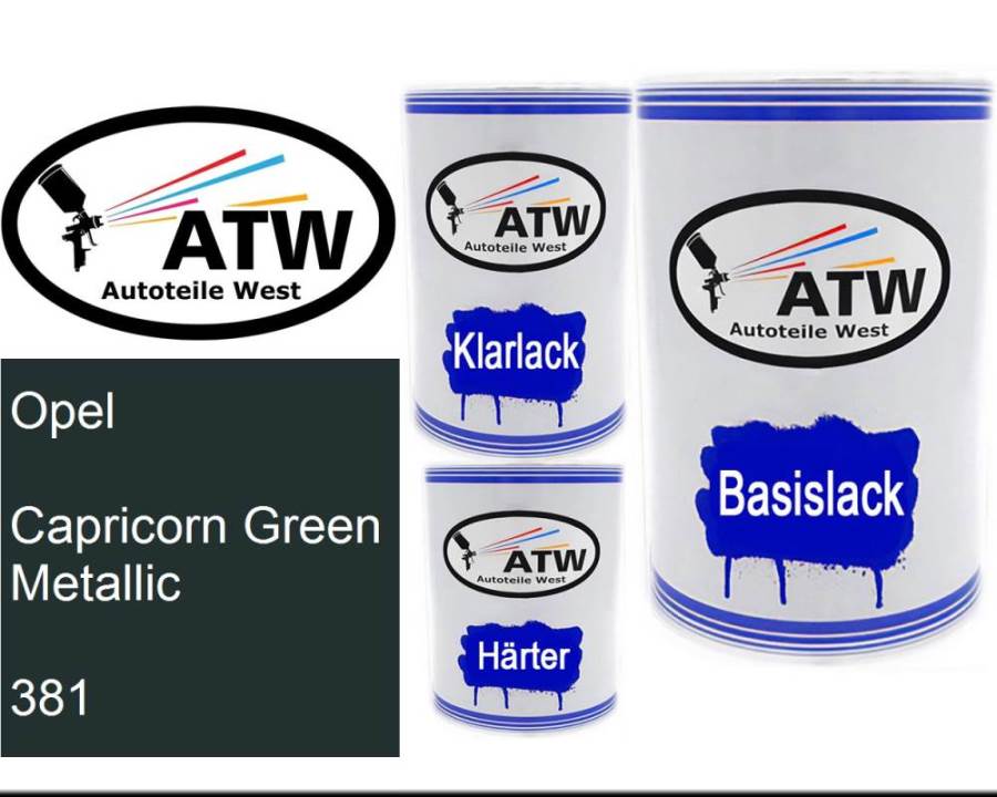 Opel, Capricorn Green Metallic, 381: 500ml Lackdose + 500ml Klarlack + 250ml Härter - Set, von ATW Autoteile West.